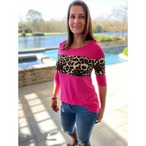 Leopard Animal Print Color Block Scoop Neck Hot Pink 5020
